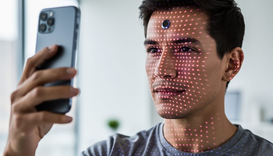 Infrared dot pattern projected on face showing structured light 3D sensing technology