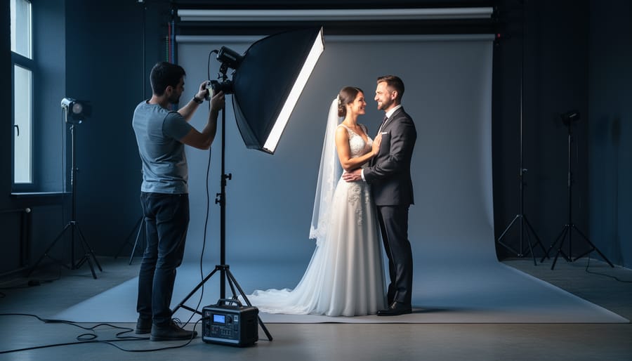Photographer lights a wedding couple in a dim studio powered by a portable battery station, with cables running to softboxes and dark ceiling fixtures in the background.