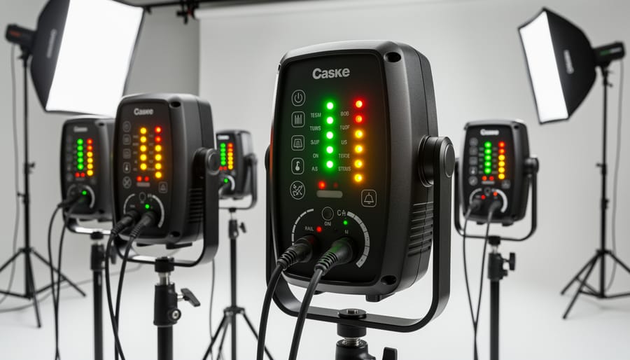 Studio strobe monolight with visible modeling lamp and status indicator lights