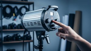 Dusty studio strobe with softbox on a light stand, a finger hovering over the test button and a faint ready light glowing, with blurred shelves of gear and backdrops in the background.