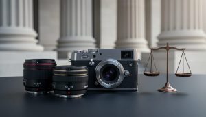 Close-up of unbranded mirrorless camera and two lenses with subtle red and gold accent rings on a dark desk, dramatic side lighting, with blurred courthouse columns and a scales-of-justice silhouette in the background.