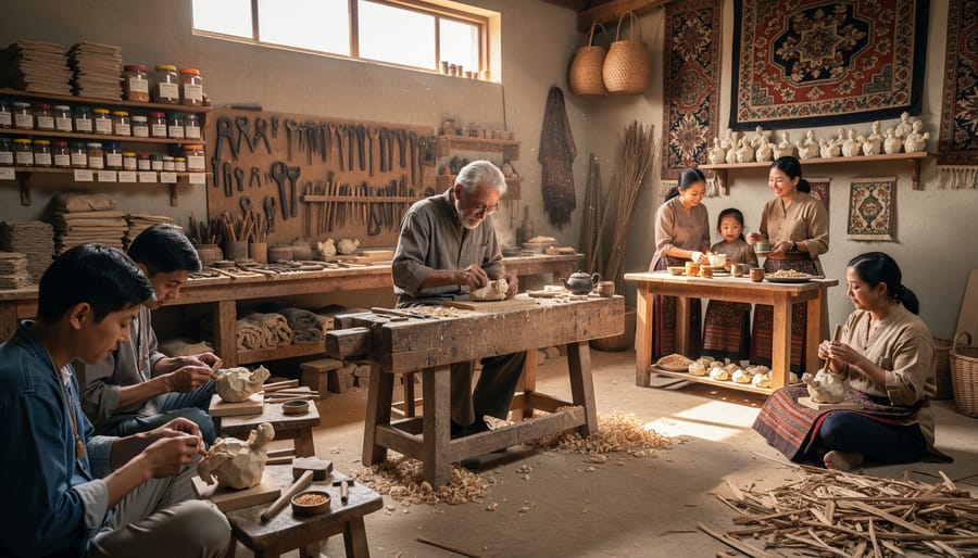 Traditional craft workshop interior showing pottery, tools, and workspace environment