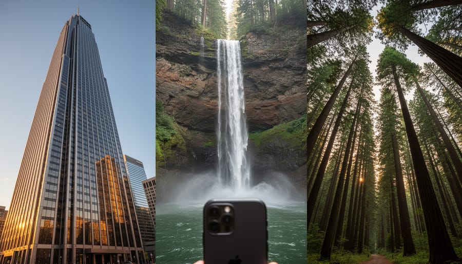 Person using iPhone to capture vertical panoramic photograph of tall redwood trees