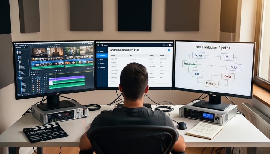 Professional video editing workstation with dual monitors for RAW footage processing