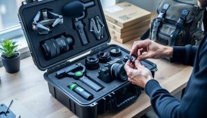 Open hard case with camera, lenses, drone, gimbal, and microphone on a workbench while a technician installs a lens, lit by soft window light, with a blurred potted plant and recycled packing in the background, conveying protection and sustainable repair.