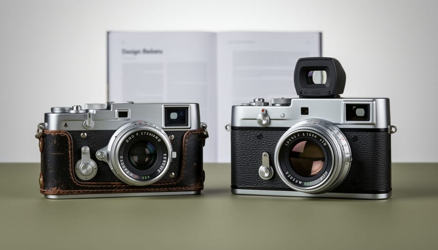 Modern retro-styled camera next to vintage film camera showing design similarities