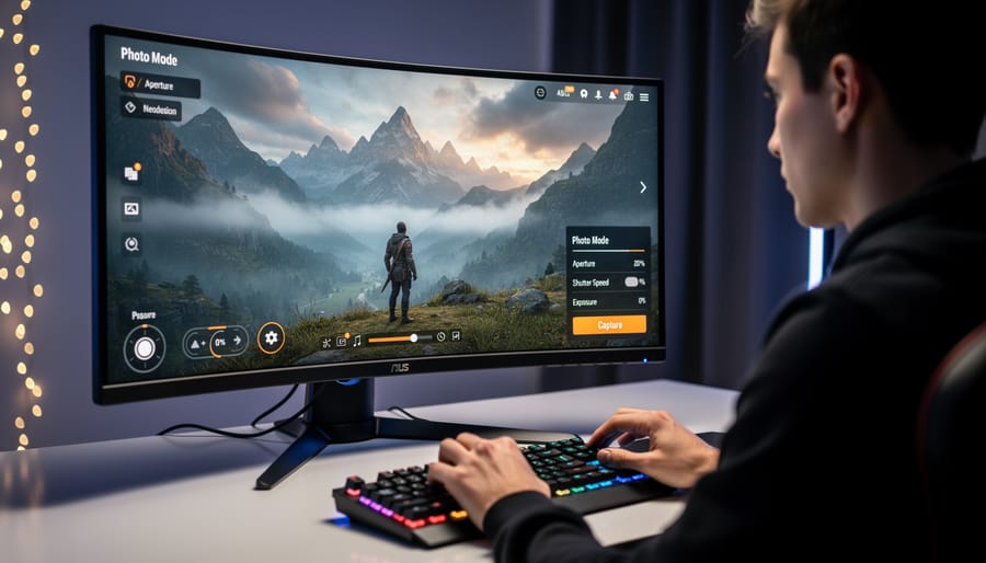 Gamer's hands on keyboard and mouse with virtual landscape displayed on monitor screen