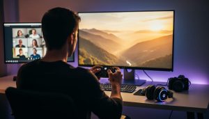 Over-the-shoulder view of hands holding a game controller at a home desk, main monitor displaying a golden-hour virtual landscape, second monitor softly blurred with a group video call, headset and small DSLR on the desk, warm sidelight and screen glow.
