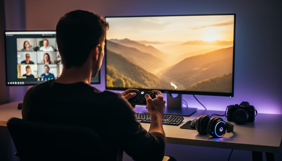 Over-the-shoulder view of hands holding a game controller at a home desk, main monitor displaying a golden-hour virtual landscape, second monitor softly blurred with a group video call, headset and small DSLR on the desk, warm sidelight and screen glow.