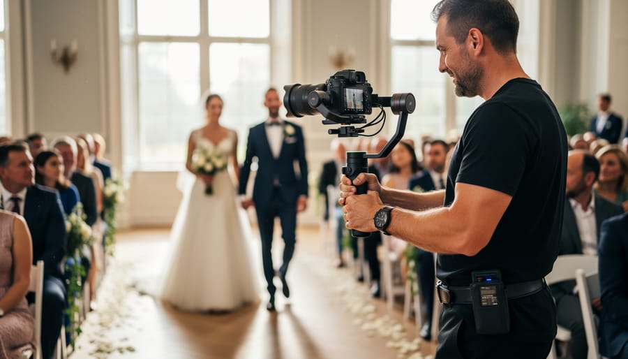 Wedding videographer using gimbal to film ceremony with smooth camera movement