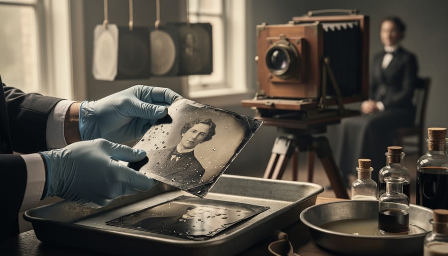 Photographer's gloved hands preparing glass plate for wet plate collodion photography