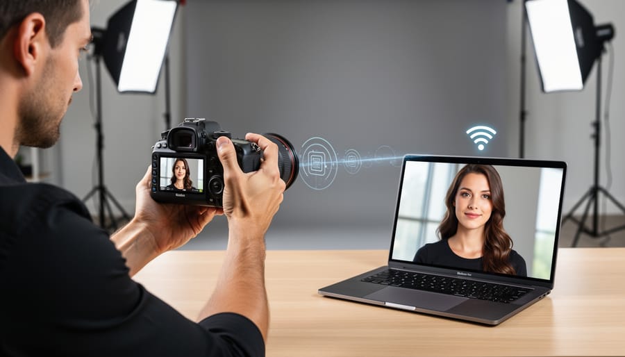 Modern camera with WiFi capability next to laptop computer showing wireless connectivity