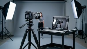 Mirrorless camera on a tripod wirelessly connected to a laptop on a studio cart, both in sharp focus, with softboxes, a seamless backdrop, and a blurred model in the background; no cables or on-screen text visible.