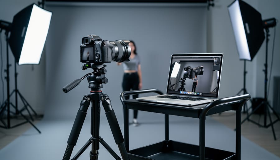 Mirrorless camera on a tripod wirelessly connected to a laptop on a studio cart, both in sharp focus, with softboxes, a seamless backdrop, and a blurred model in the background; no cables or on-screen text visible.