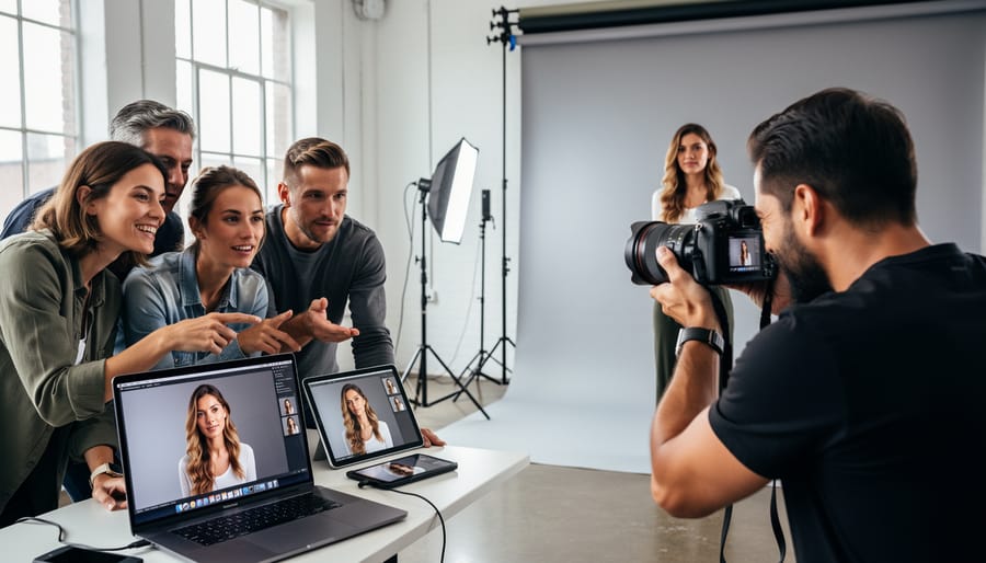 Photographer and assistant reviewing images wirelessly on tablet during professional studio shoot