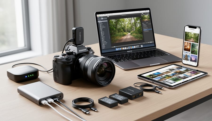 Photographer using camera-to-cloud technology during outdoor location shoot with assistant monitoring laptop