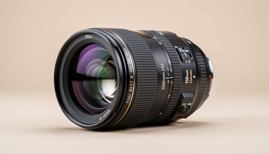 Professional 150mm camera lens showing detailed construction and optical elements