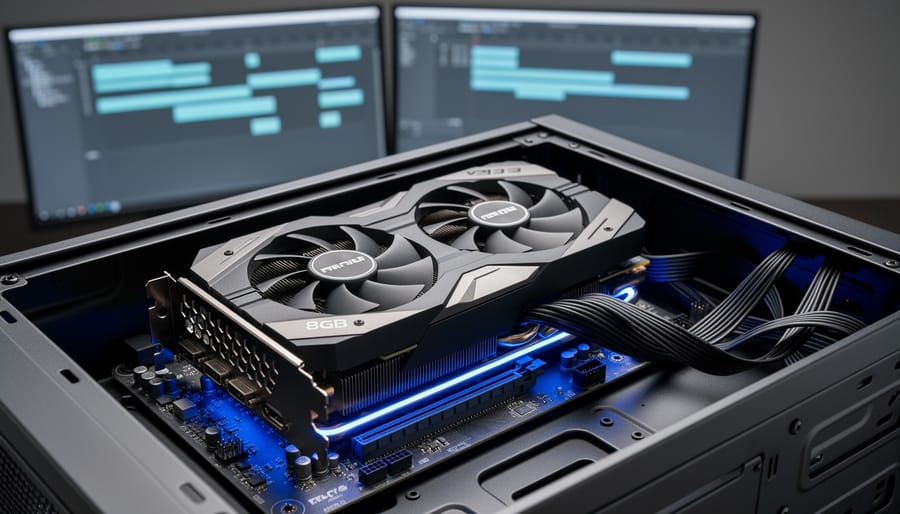 Close-up of a modern graphics card inside a desktop video-editing PC, viewed from a 45-degree angle, with cool studio lighting and blurred dual monitors showing abstract timeline visuals, no readable text.