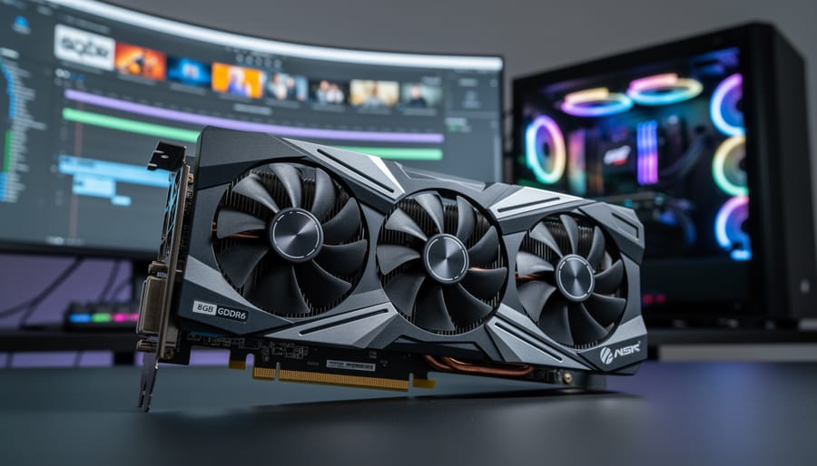 Close-up view of graphics card showing cooling fans and circuit board components