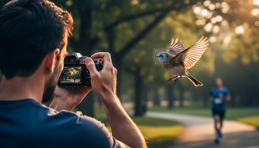 Over-the-shoulder view of a person holding a mirrorless camera at eye level while a small bird flies ahead; translucent focus brackets target the bird’s eye in warm golden hour light; shallow depth of field with blurred park trees and a distant jogger in the background.