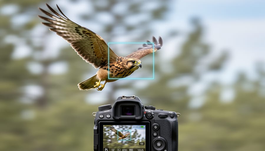 Sharp photograph of hawk in flight demonstrating AI autofocus tracking capabilities