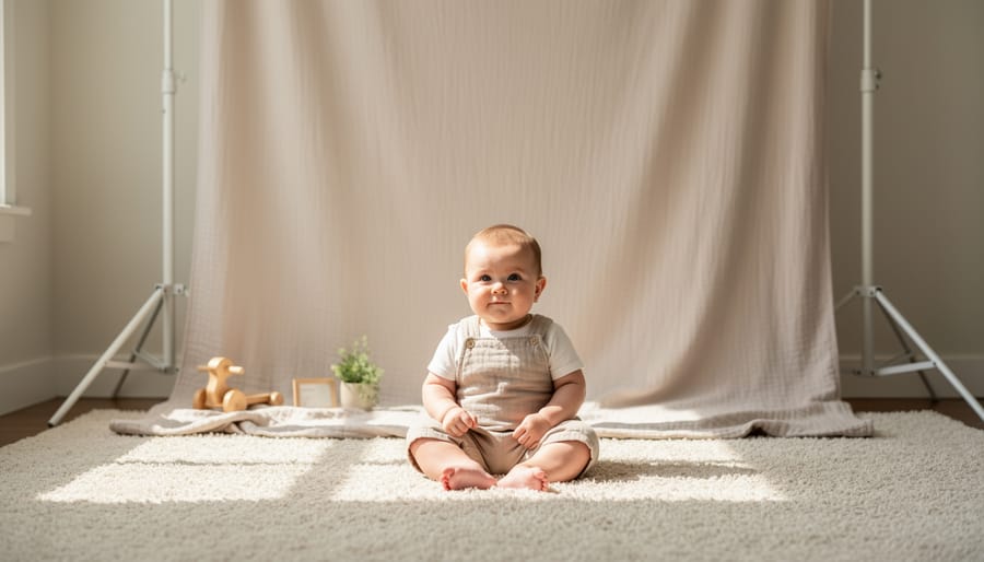 Baby photographed on cream muslin fabric backdrop in home nursery setting