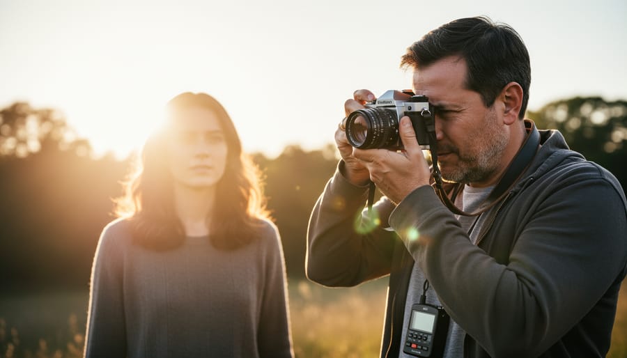 View through camera viewfinder of backlit subject against bright sunset creating high contrast scene