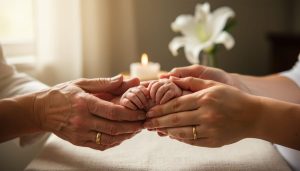 Close-up of interlaced adult hands wearing wedding rings cradling a newborn’s tiny hand, with a softly glowing memorial candle and white lily softly blurred in the background under gentle window light.