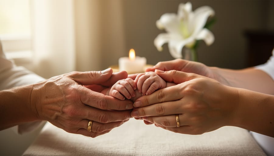 Close-up of interlaced adult hands wearing wedding rings cradling a newborn’s tiny hand, with a softly glowing memorial candle and white lily softly blurred in the background under gentle window light.