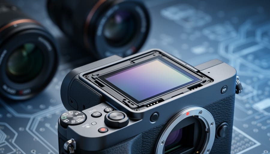 Close-up of a mirrorless camera’s exposed image sensor under dramatic side lighting with a smooth color gradient, sharp focus on the sensor and mount, blurred lenses and circuitry in the background, no visible text or logos.