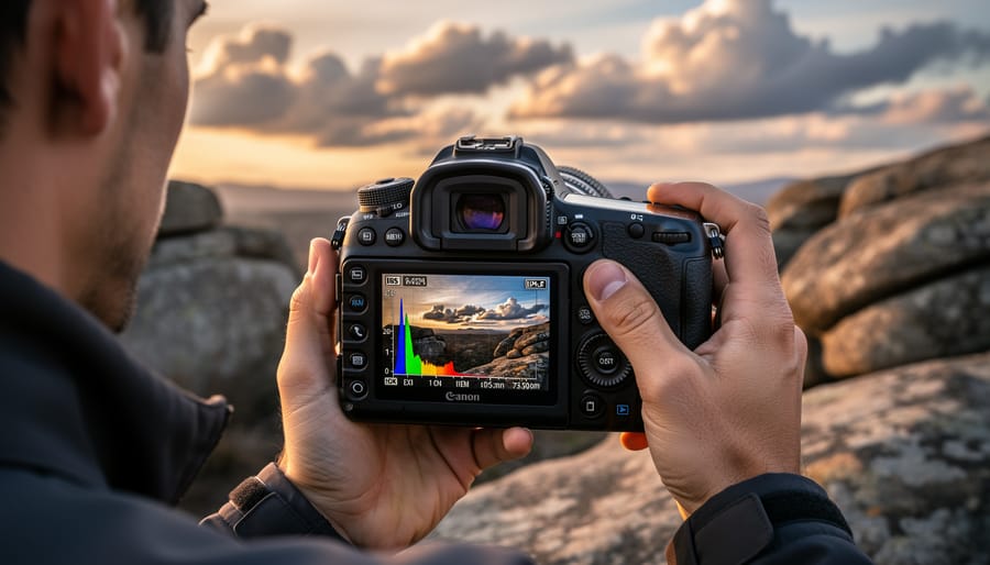 Photographer reviewing camera LCD screen showing histogram and exposure settings outdoors
