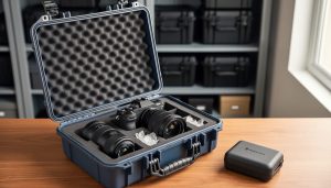 Open hard-shell camera case with foam holding a mirrorless camera body and two lenses, silica gel packets visible, and a separate small battery case nearby, with softly blurred shelves of additional padded cases in a climate-controlled closet.