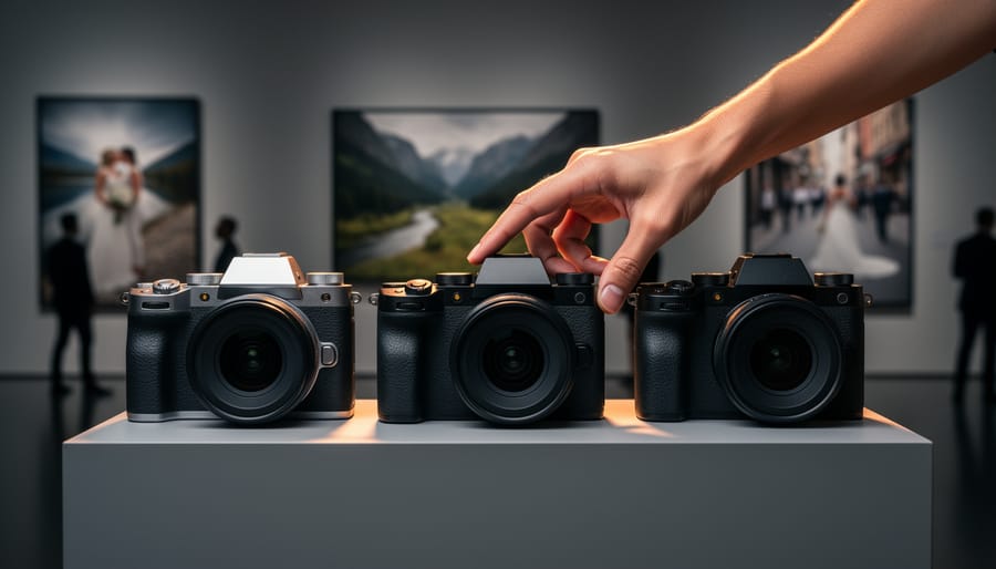 De-branded mirrorless cameras on a pedestal with a hand reaching toward the center model, dramatic studio lighting, and blurred gallery photo prints in the background.