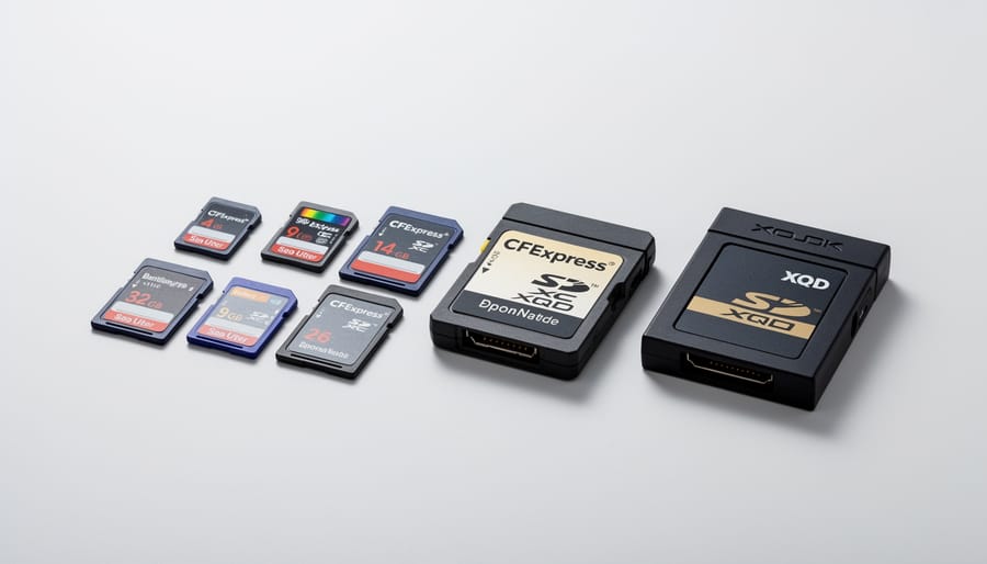 Various memory cards including SD, CFexpress, and XQD cards displayed alongside professional camera