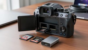 Close-up of a mirrorless camera with open memory card door, SDXC and CFexpress Type B cards and a USB‑C card reader on a desk, with a blurred laptop in the background, lit by soft side daylight.