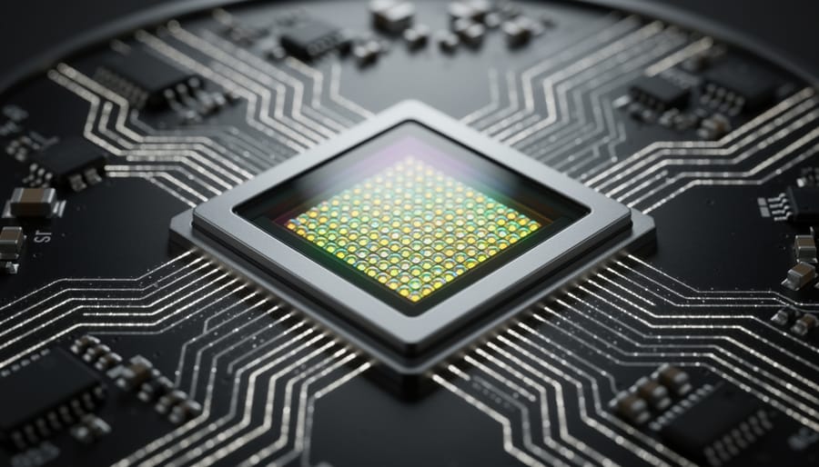 Close-up view of camera image sensor showing pixel structure and circuit details