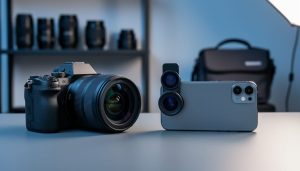 Eye-level studio photo of a mirrorless camera facing a smartphone with a clip-on lens on a sleek desk, dramatic side lighting, with blurred shelves holding lenses, a softbox, and a camera bag in the background.