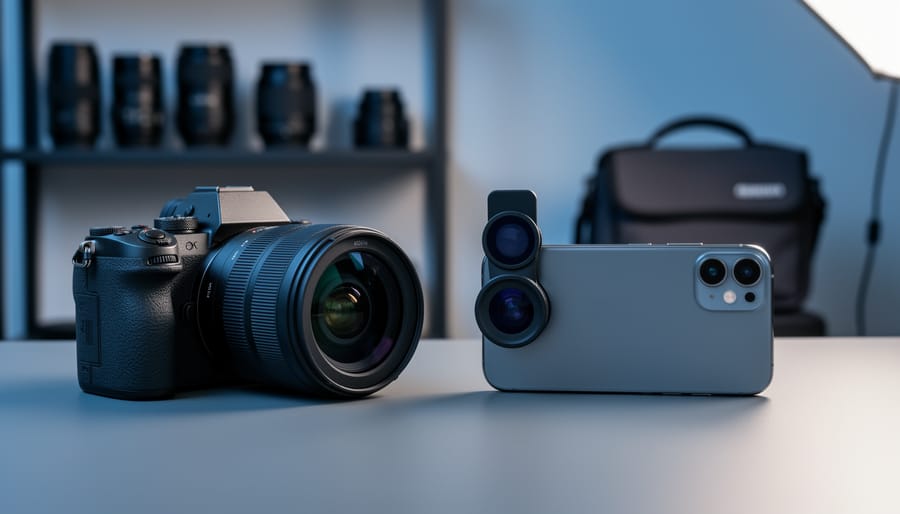 Eye-level studio photo of a mirrorless camera facing a smartphone with a clip-on lens on a sleek desk, dramatic side lighting, with blurred shelves holding lenses, a softbox, and a camera bag in the background.
