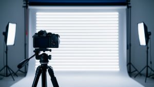 Mirrorless camera on tripod pointing at a white wall with subtle horizontal bands under LED panel lights in a minimalist studio, with blurred fixtures and light stands in the background