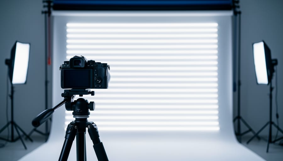 Mirrorless camera on tripod pointing at a white wall with subtle horizontal bands under LED panel lights in a minimalist studio, with blurred fixtures and light stands in the background