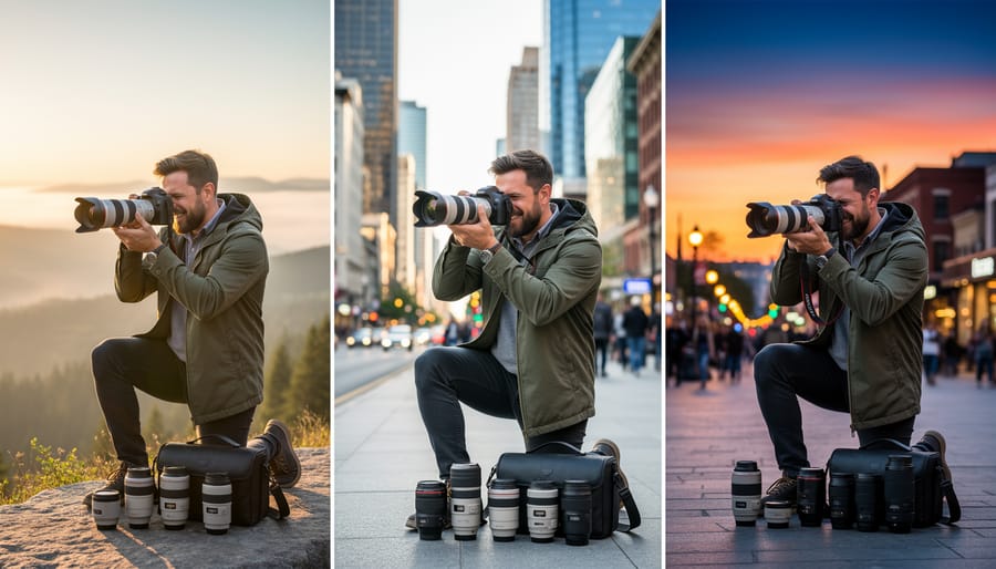 Photographer changing camera lenses from open bag with scenic mountain landscape background