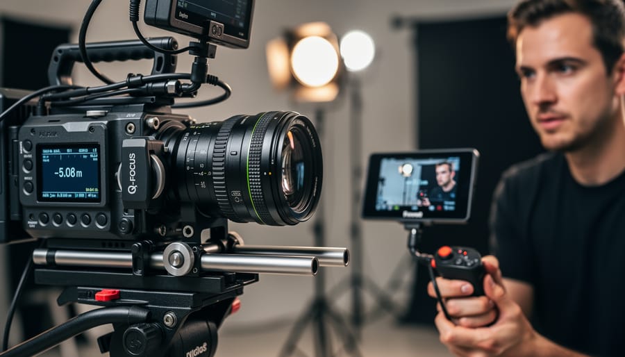 Professional cinema camera with wireless follow focus system on studio rig