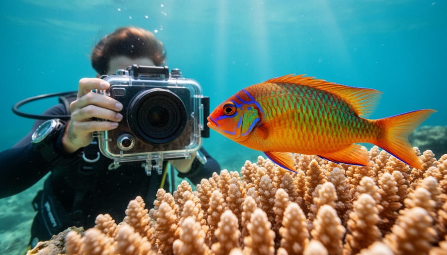 Extreme close-up of tropical fish showing sharp detail achieved by minimizing distance underwater