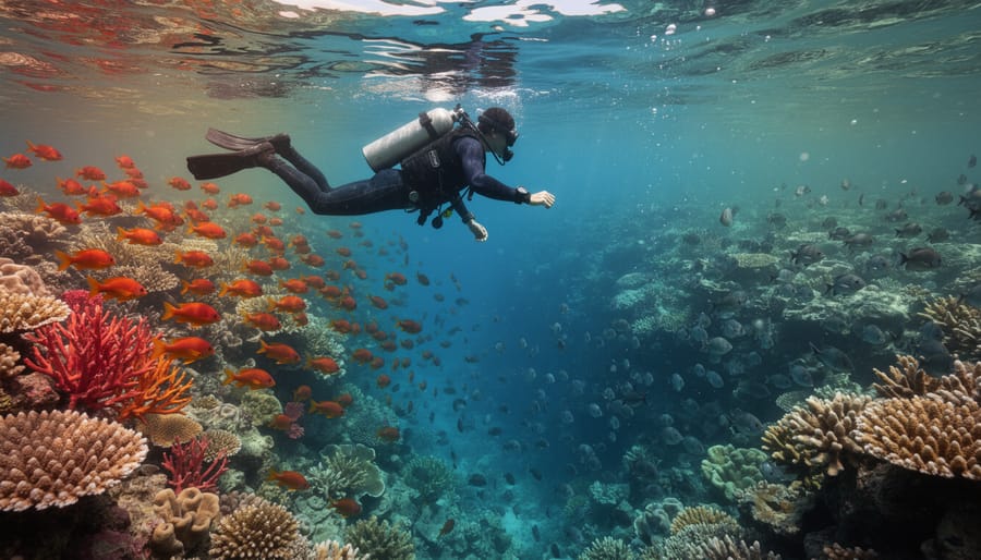 Underwater coral reef showing color change from vibrant reds in shallow water to blue-green in deeper areas
