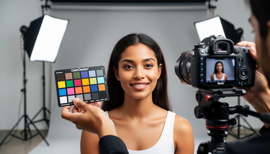 ColorChecker color calibration card held next to model showing skin tone reference