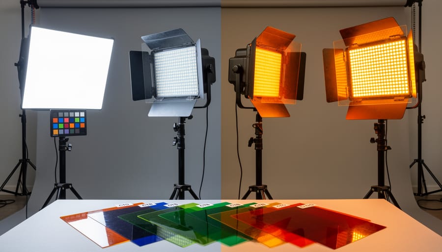 Studio strobe with orange color correction gel attached