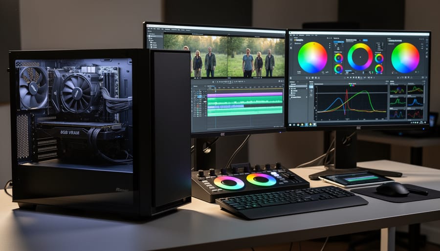 Video editor working with color grading controls at professional editing workstation