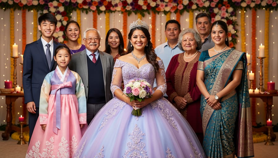Teenage girl in white quinceañera dress surrounded by family members during coming-of-age ceremony