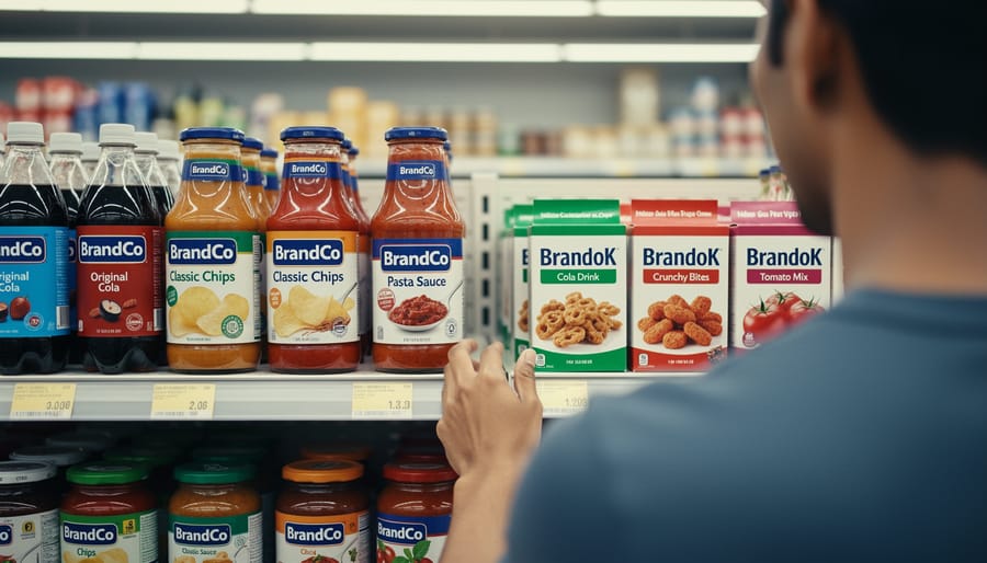Customer examining camera equipment packaging in photography retail store