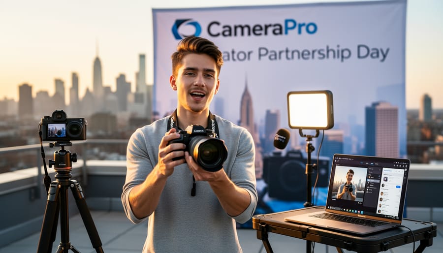 Content creator filming video review with professional camera equipment